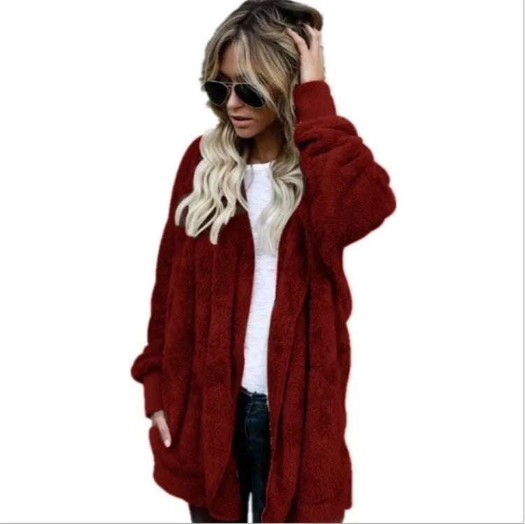 Women's Fleece Jacket, Oversized Hooded Sherpa Cardigan Coat