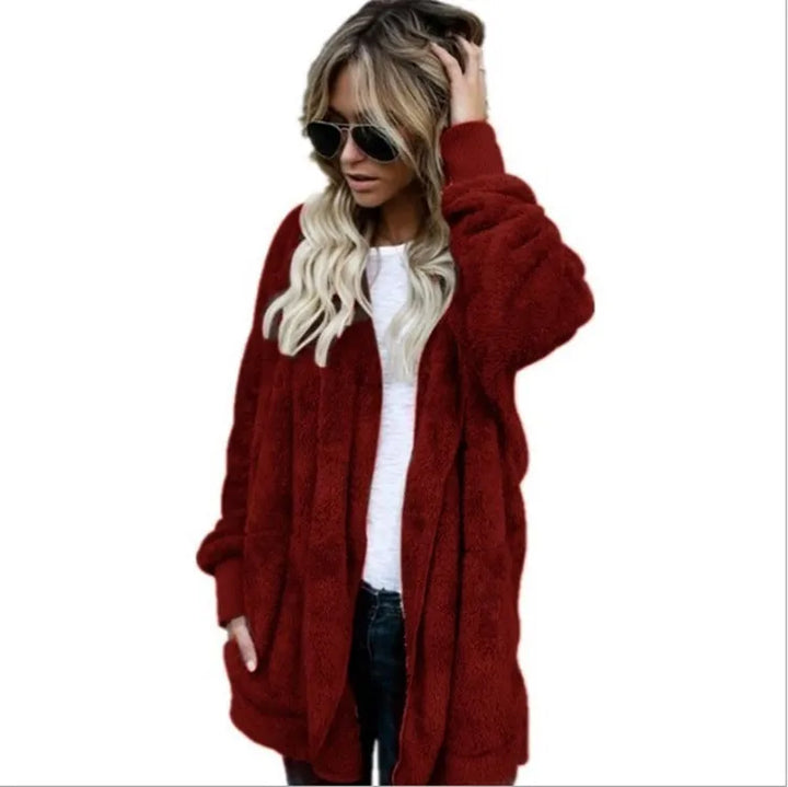 Women's Fleece Jacket, Oversized Hooded Sherpa Cardigan Coat