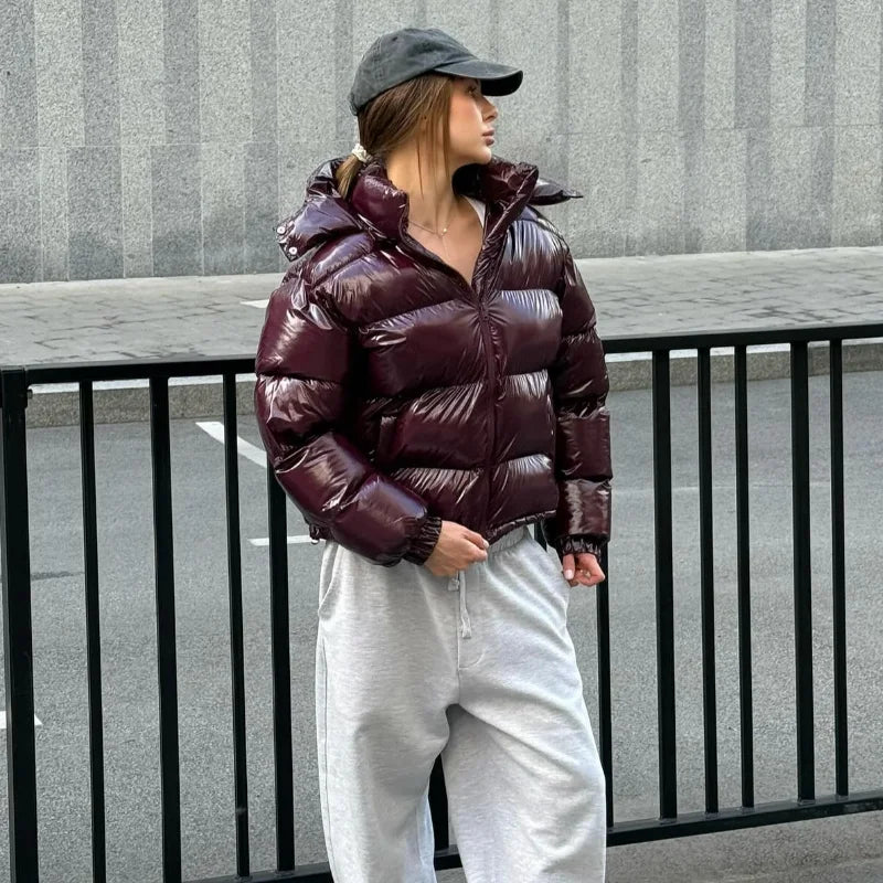 Women's Cropped Puffer Jacket, Glossy Hooded Zip Up Short Winter Coat