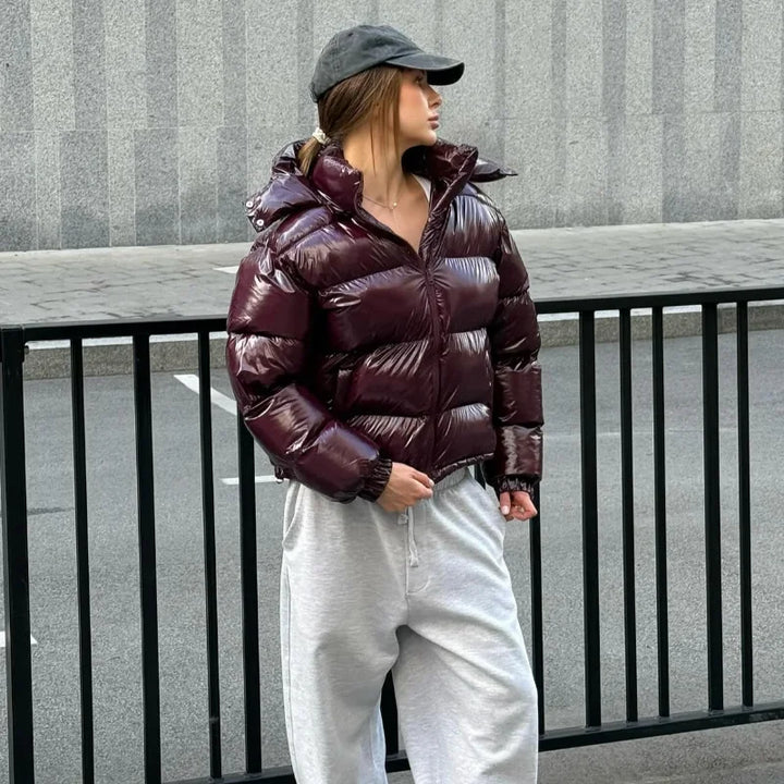 Women's Cropped Puffer Jacket, Glossy Hooded Zip Up Short Winter Coat