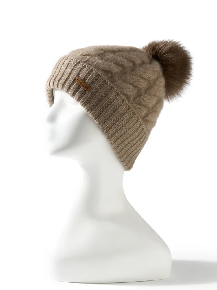 Women's Hand-Knit Cashmere Cable Beanie with Pom-Pom, view 3
