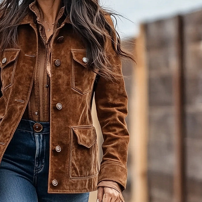 Women's Suede Jacket, Western Button Front Vintage Brown Coat