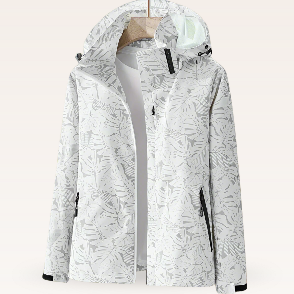 Women's Lightweight Water-Repellent Hooded Jacket with Leaf Print in White