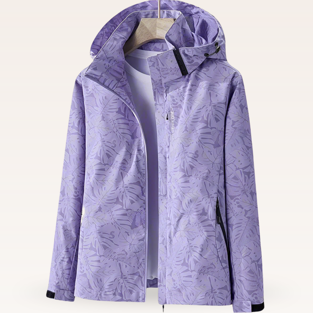 Women's Lightweight Water-Repellent Hooded Jacket with Leaf Print in Purple