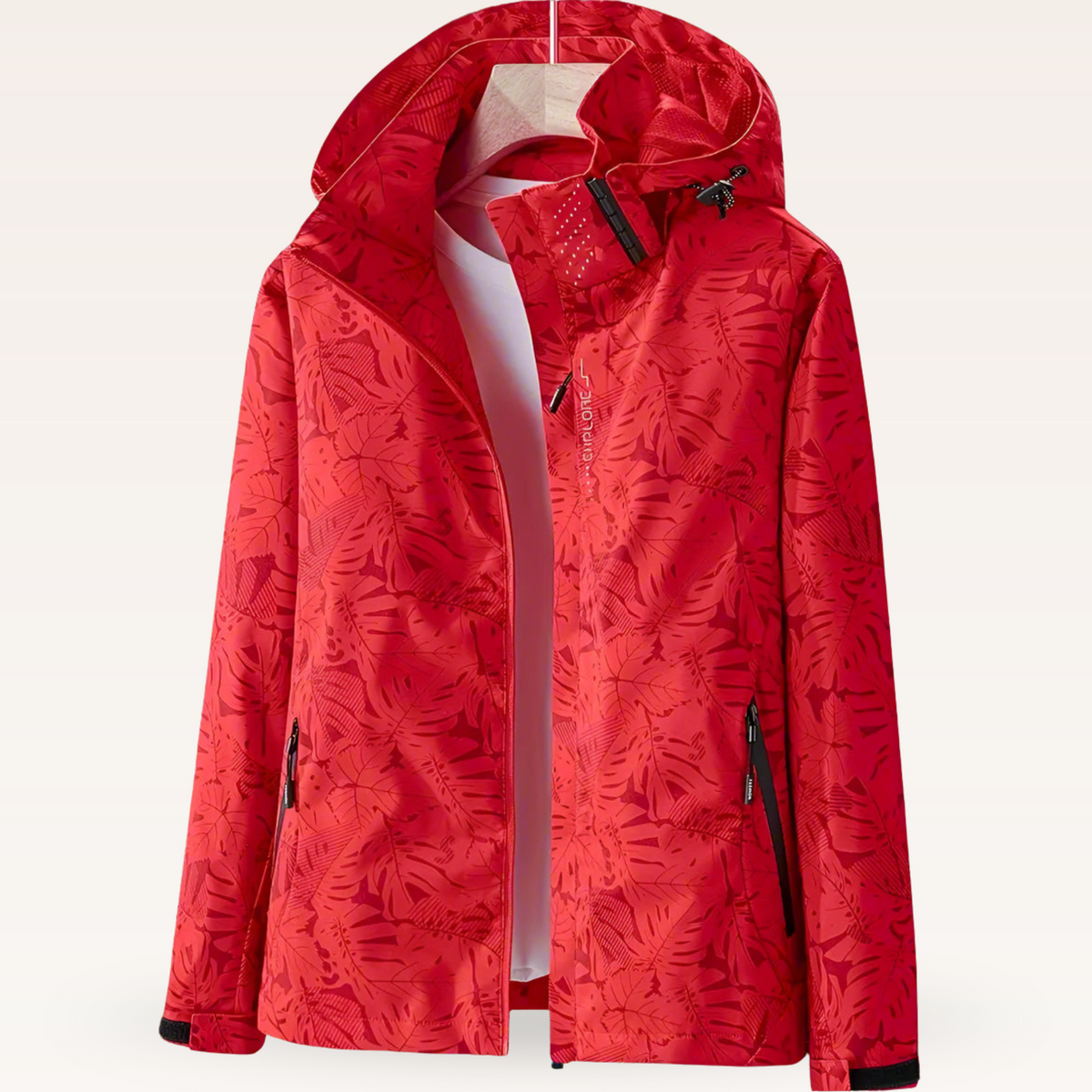 Women's Lightweight Water-Repellent Hooded Jacket with Leaf Print in Red