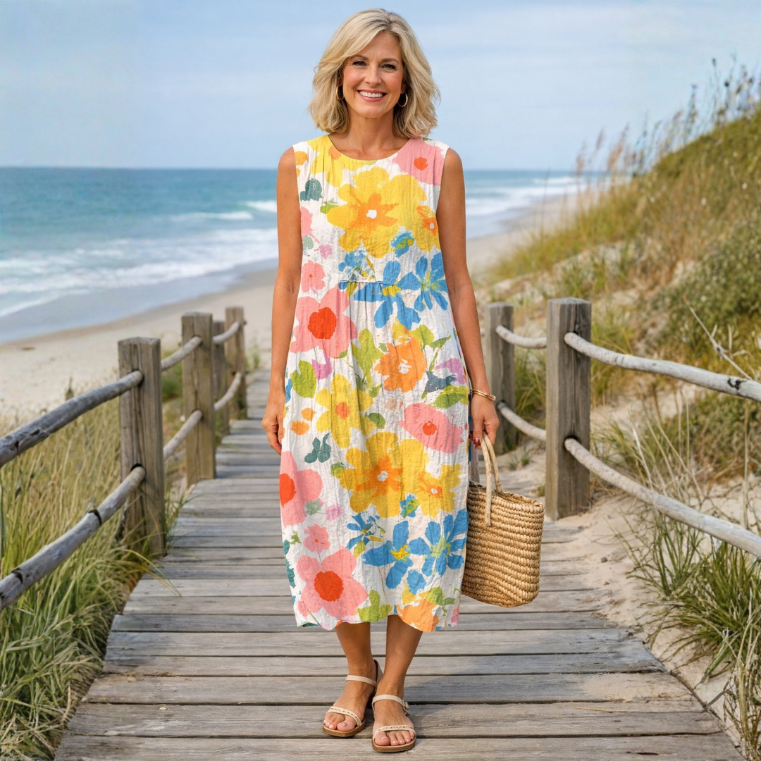 Women's Soft Pastel Floral Flowing Midi Day Dress, view 2