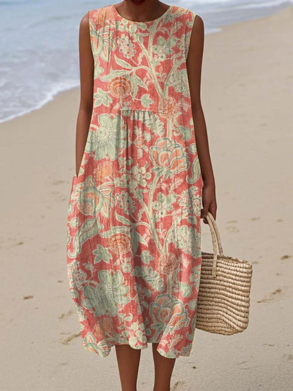 Women's Coral Botanical Print Sleeveless Midi Dress in Multicolor