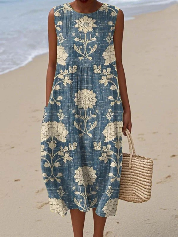 Women's Boho Floral Print Flowy Midi Dress in Multicolor