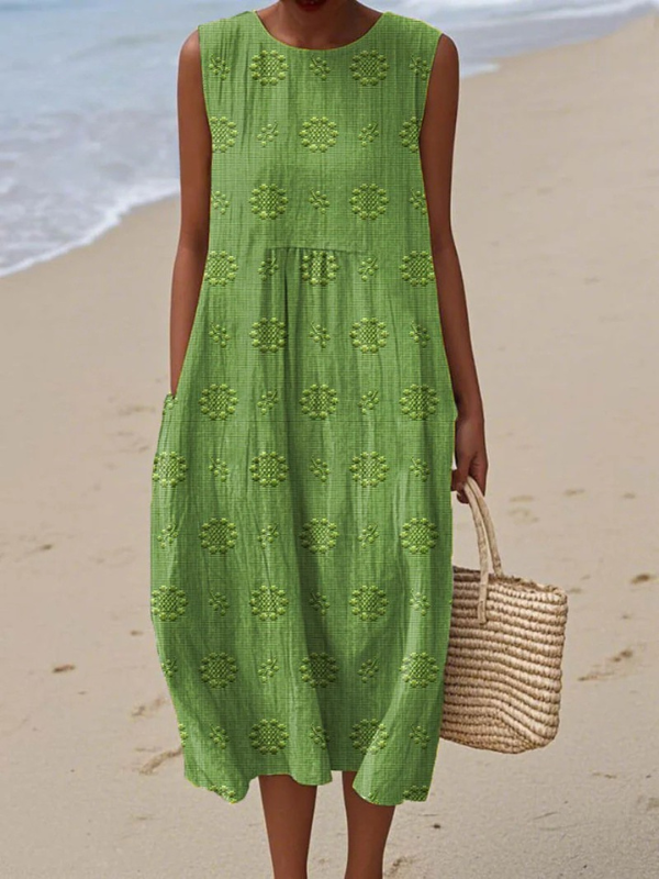 Women's Embroidered-Style Pattern Sleeveless Midi Dress in Green