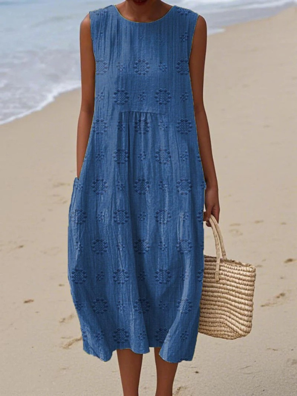 Women's Floral Embroidered Relaxed Midi Dress in Blue