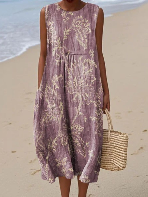 Women's Purple Floral Print Sleeveless Midi Dress in Multicolor