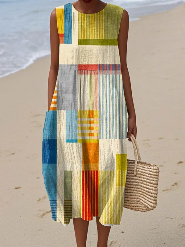Women's Abstract Geometric Print Relaxed Midi Dress in Multicolor