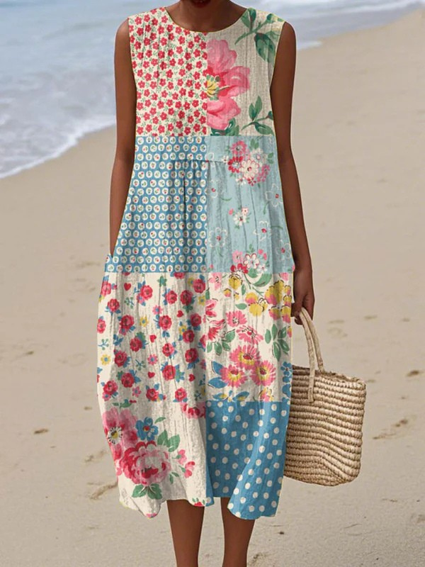 Women's Patchwork Print Sleeveless Midi Dress in Multicolor