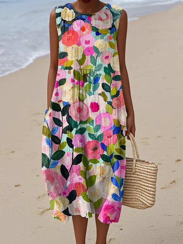 Women's Floral Short Sleeve Flowy Midi Dress in Multicolor