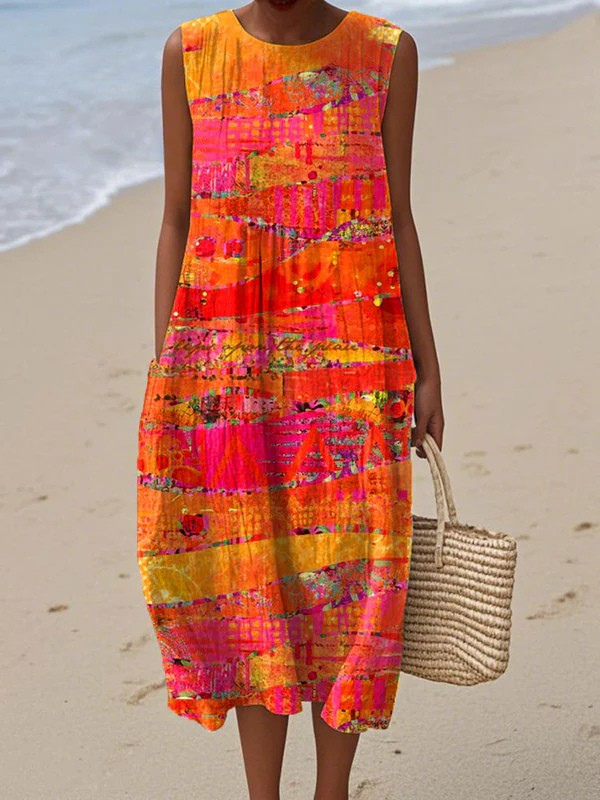 Women's Sunset Ombre Print Relaxed Midi Dress in Multicolor