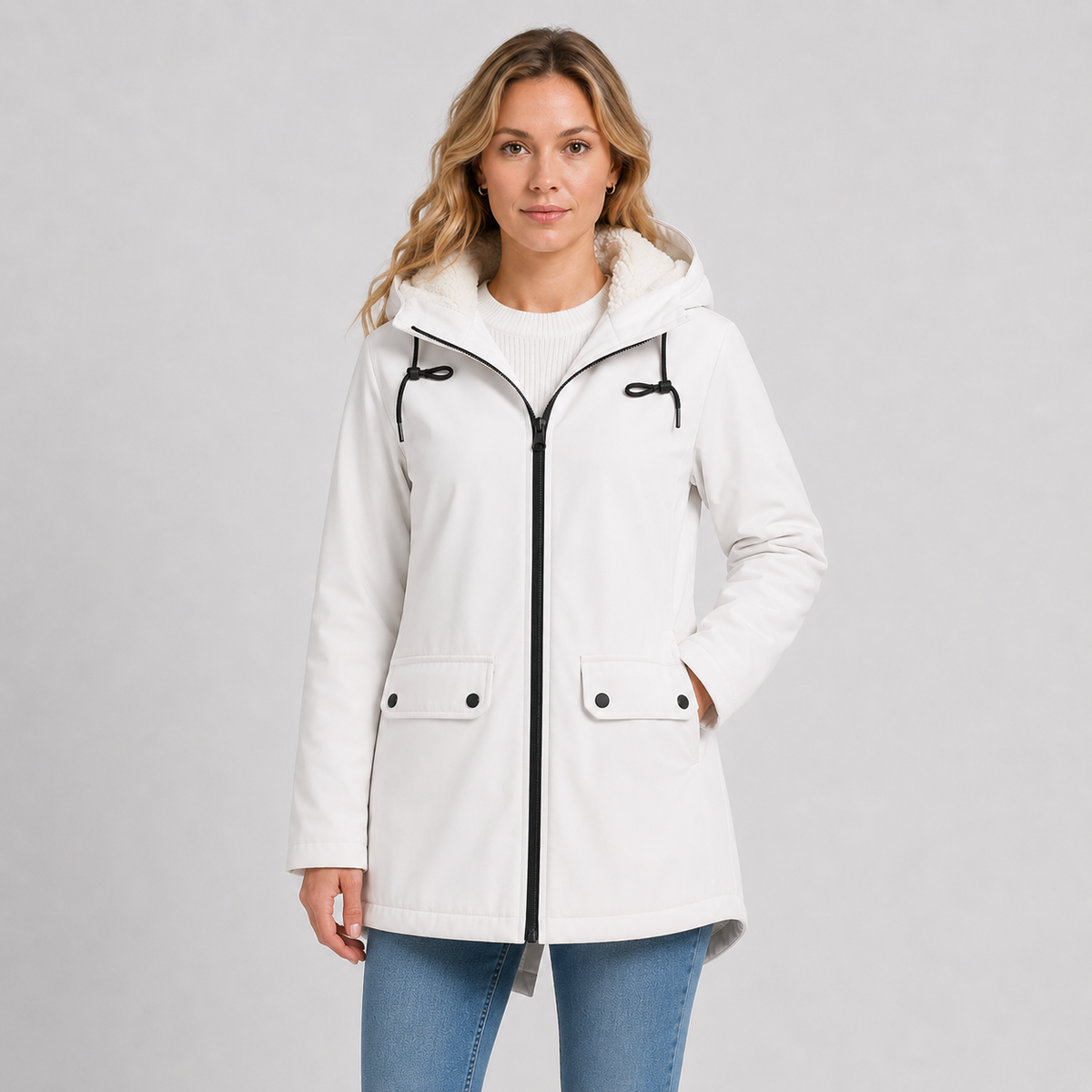 Women's Fleece-Lined Full-Zip Hoodie Jacket in White