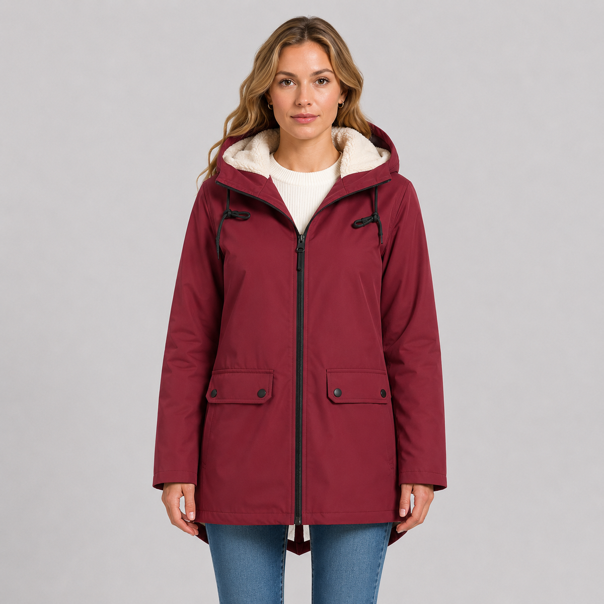 Women's Fleece-Lined Full-Zip Hoodie Jacket in Burgundy