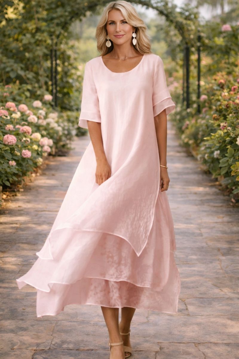Women's Short Sleeve Midi Dress with Open Neckline in Pink