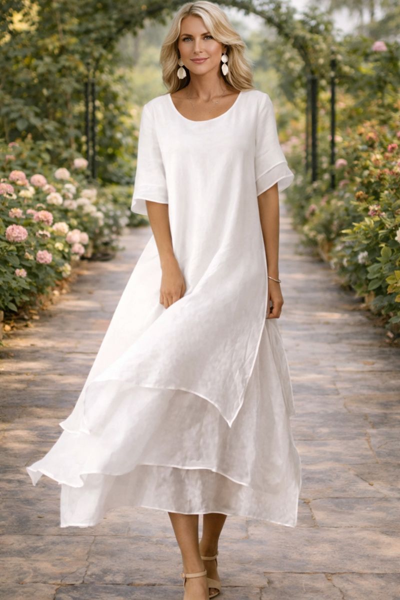 Women's Short Sleeve Midi Dress with Open Neckline in White