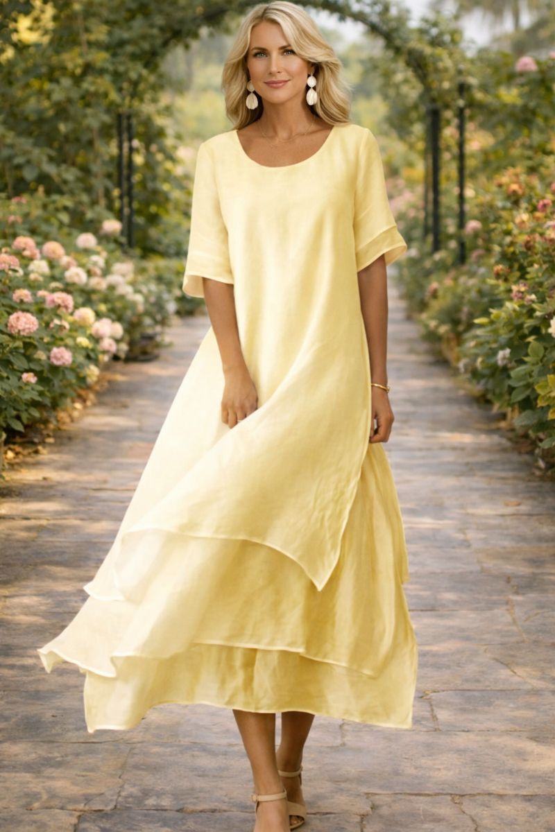 Women's Short Sleeve Midi Dress with Open Neckline in Yellow