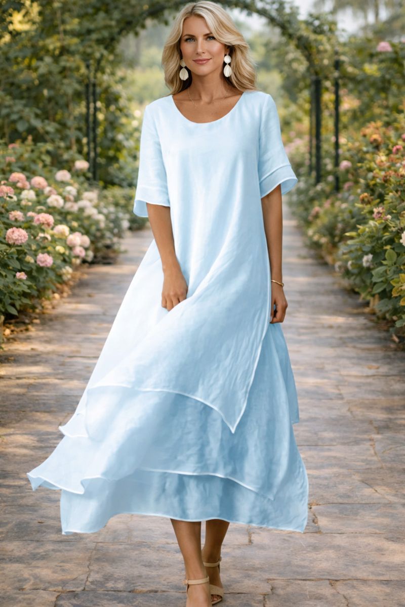 Women's Short Sleeve Midi Dress with Open Neckline in Blue