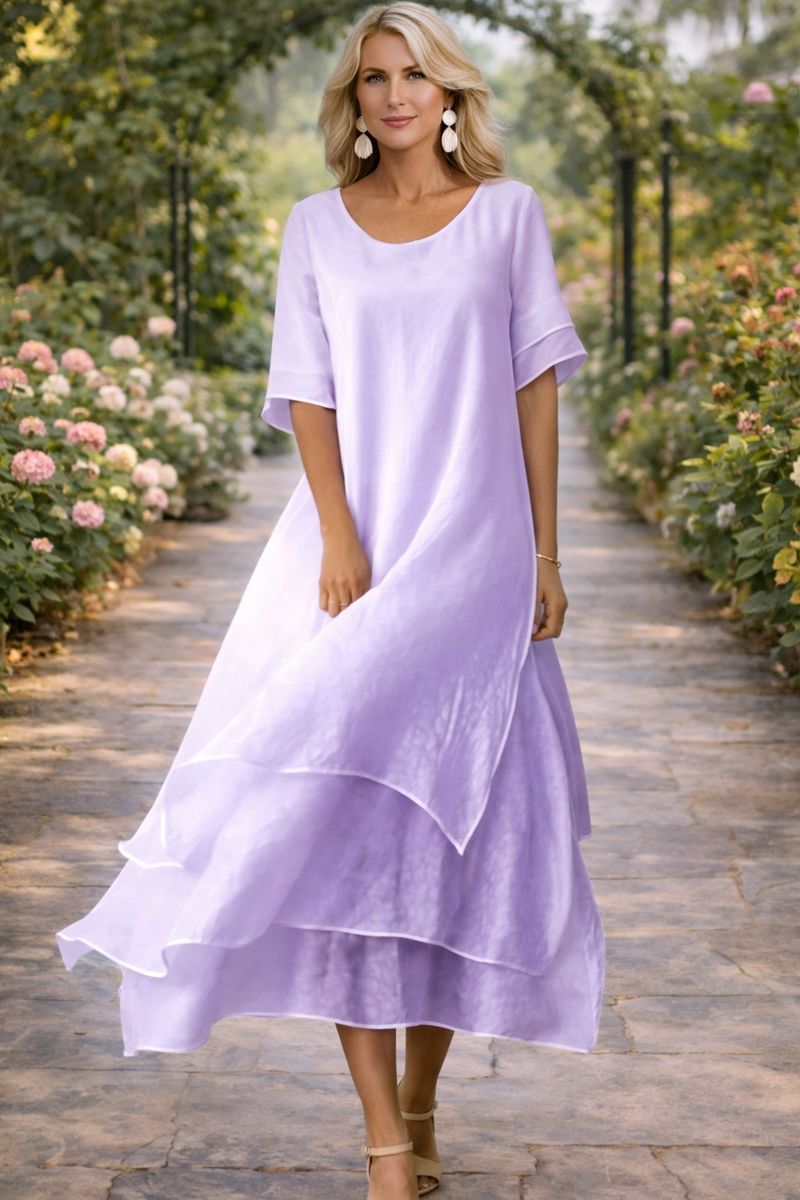 Women's Short Sleeve Midi Dress with Open Neckline in Purple