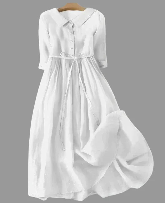 Women's White Cotton Linen Midi Dress with Lace-Up Waist