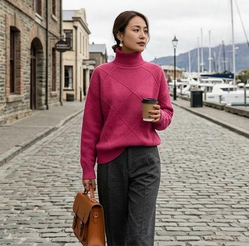 Women's Geometric Textured Knit Turtleneck Sweater, view 5