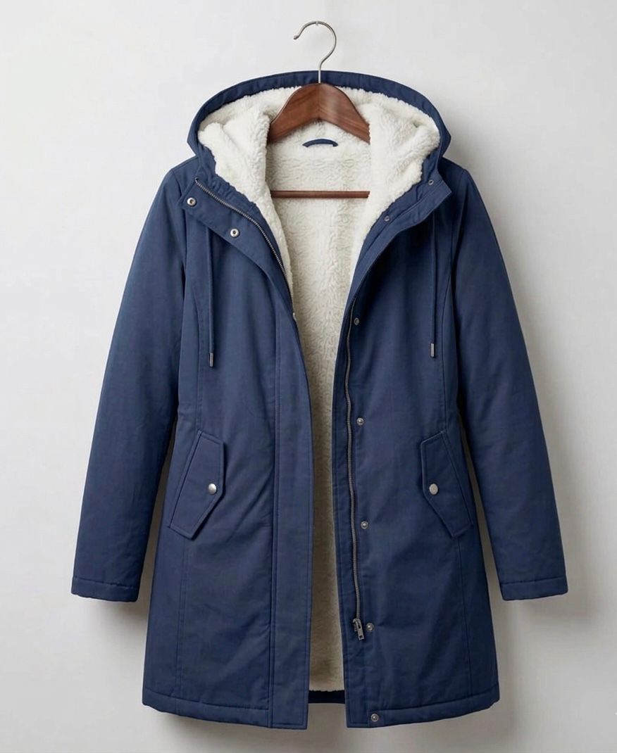Women's Fleece-Lined Hooded Winter Parka with Storm Flap in Dark Blue