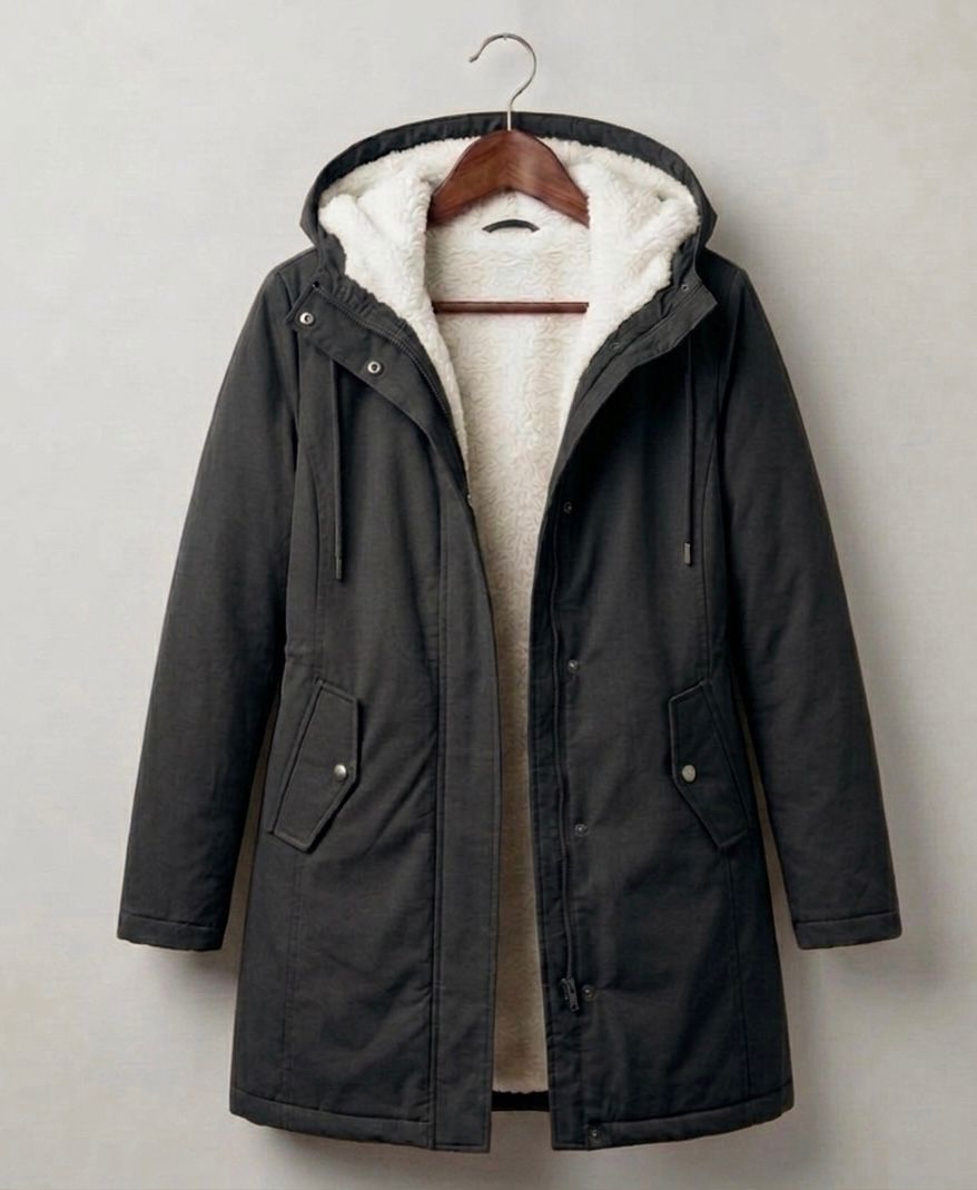 Women's Fleece-Lined Hooded Winter Parka with Storm Flap in Black