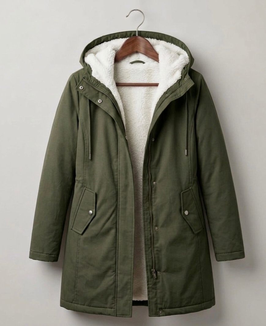 Women's Fleece-Lined Hooded Winter Parka with Storm Flap in Military Green
