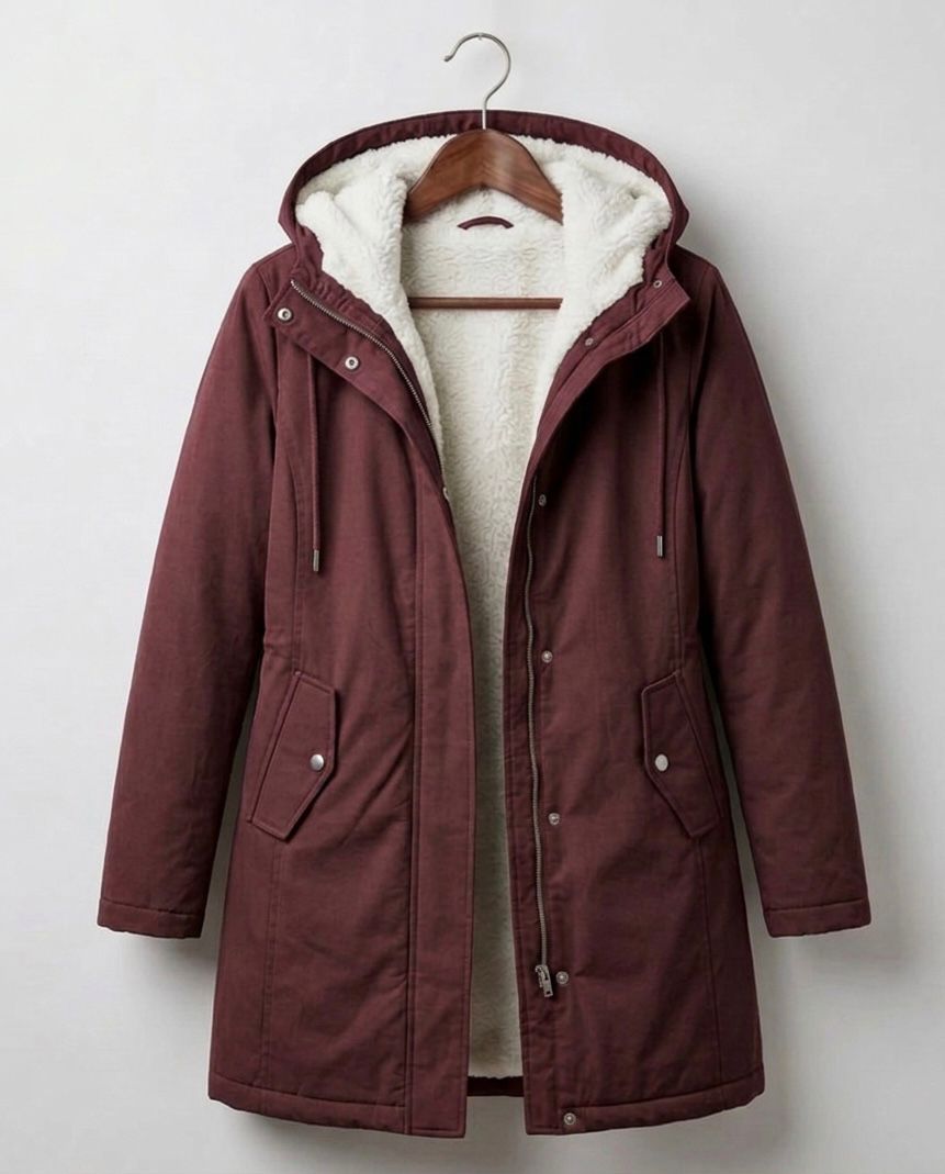 Women's Fleece-Lined Hooded Winter Parka with Storm Flap in Wine Red
