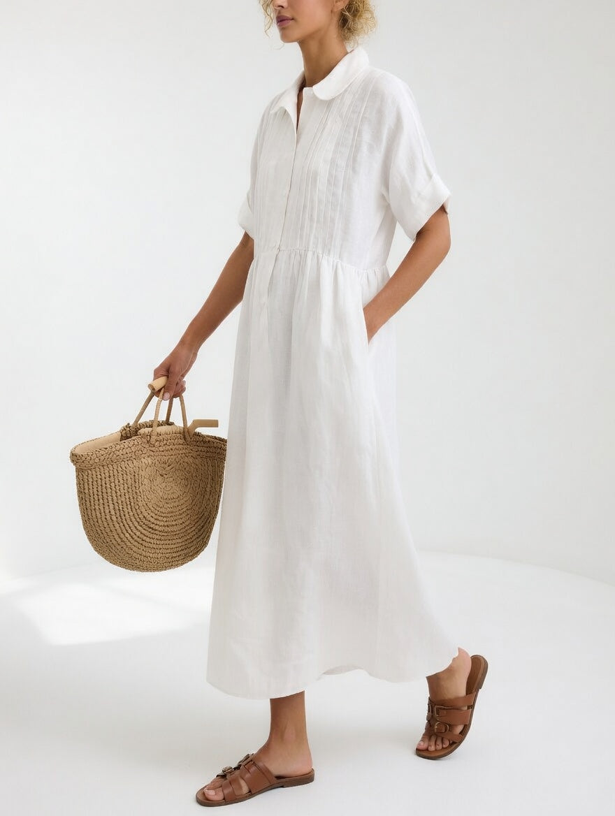 Women's Flowy Lightweight Summer Shirt Dress in White