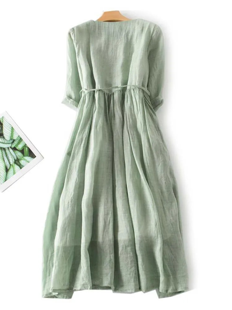 Women's Retro Round Neck Midi Dress with Lace-Up Waist, view 2