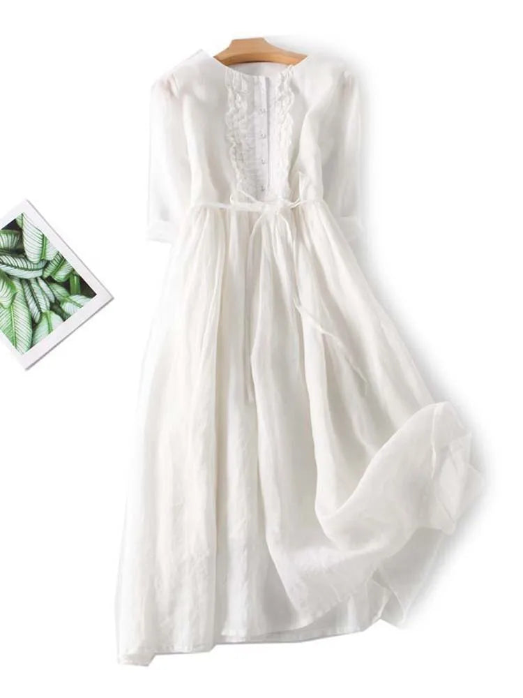 Women's Retro Round Neck Midi Dress with Lace-Up Waist in White
