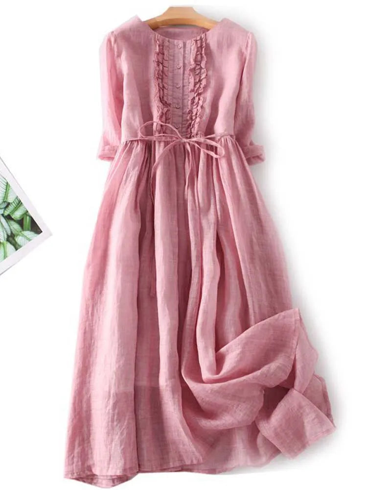 Women's Retro Round Neck Midi Dress with Lace-Up Waist in Pink