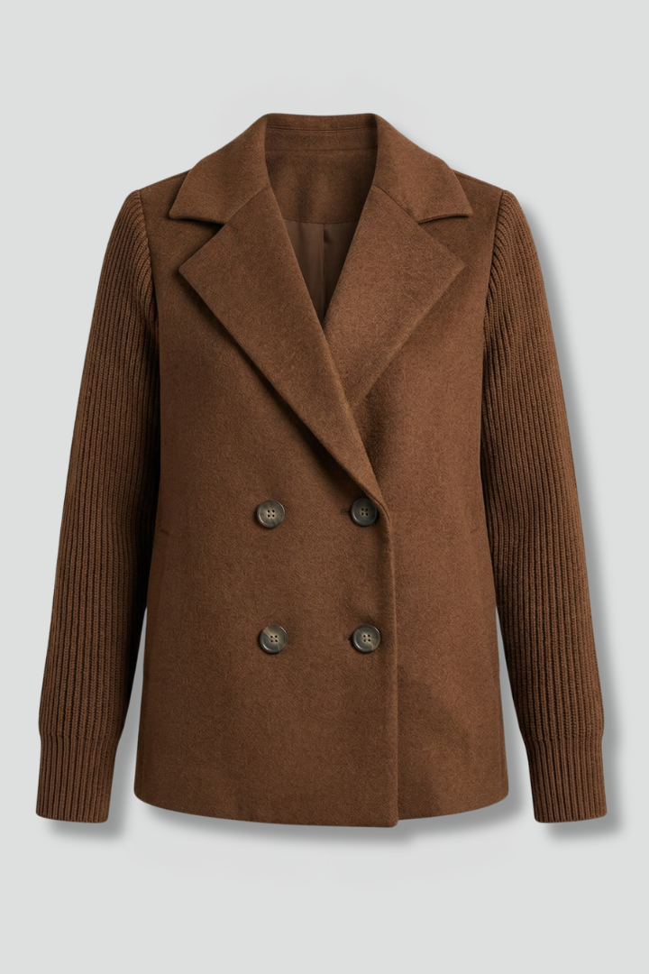 Women's Double-Breasted Wide Lapel Blazer with Ribbed Sleeves