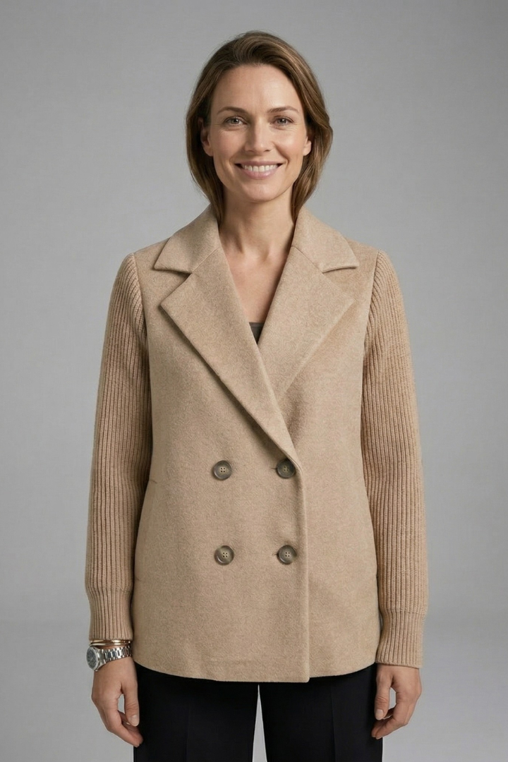 Women's Double-Breasted Wide Lapel Blazer with Ribbed Sleeves in Khaki
