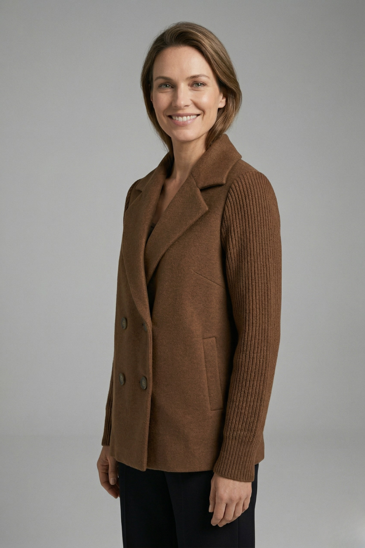 Women's Double-Breasted Wide Lapel Blazer with Ribbed Sleeves, view 2