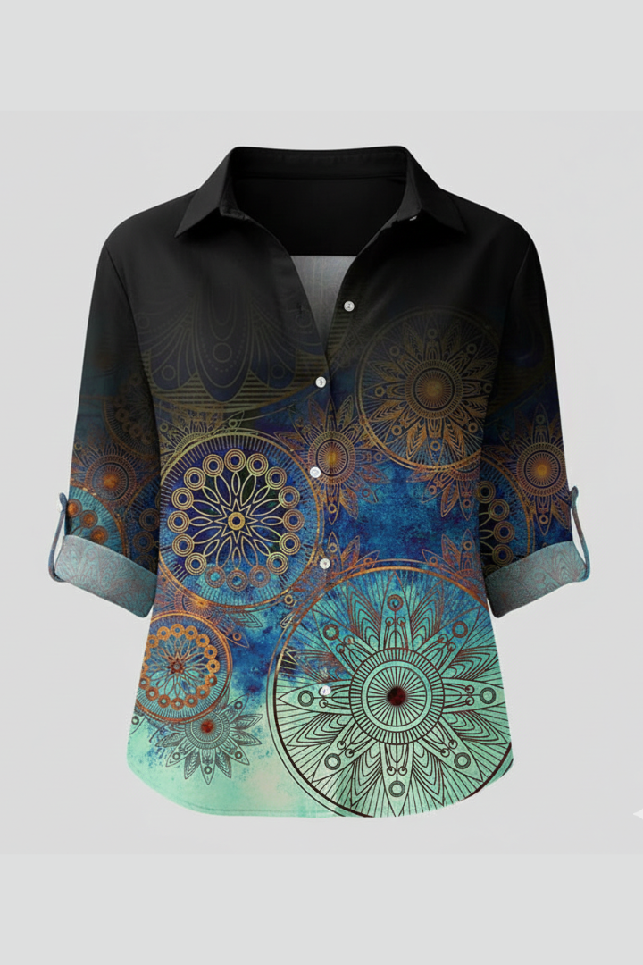 Women's Boho Print Blouse, Mandala Button Front Summer Beach Top
