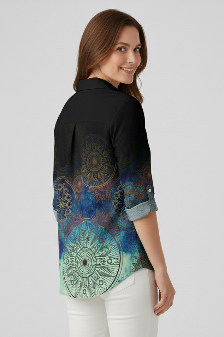 Women's Boho Print Blouse, Mandala Button Front Summer Beach Top