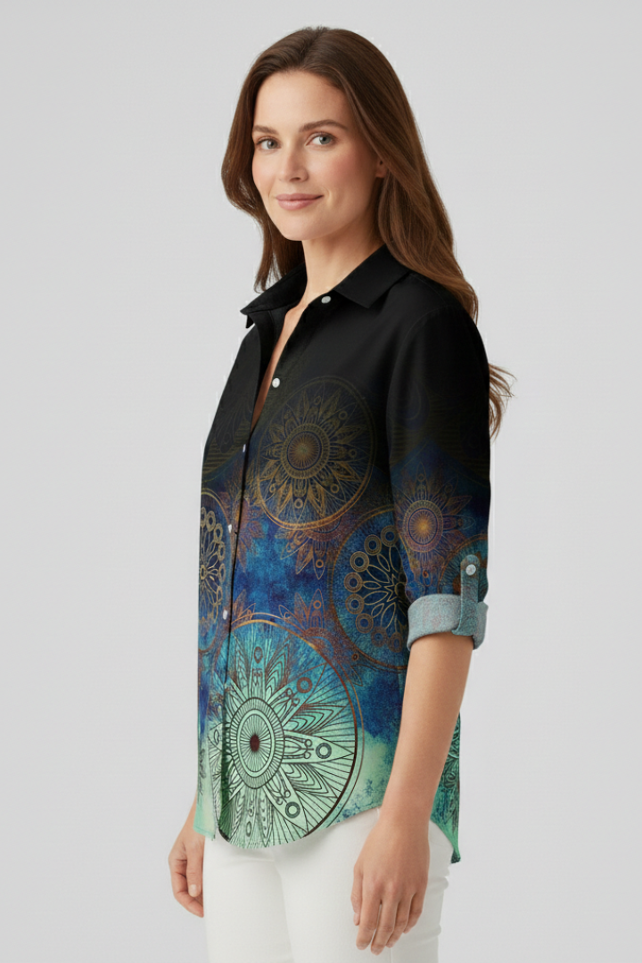 Women's Boho Print Blouse, Mandala Button Front Summer Beach Top