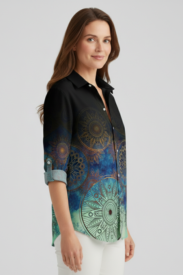 Women's Boho Print Blouse, Mandala Button Front Summer Beach Top