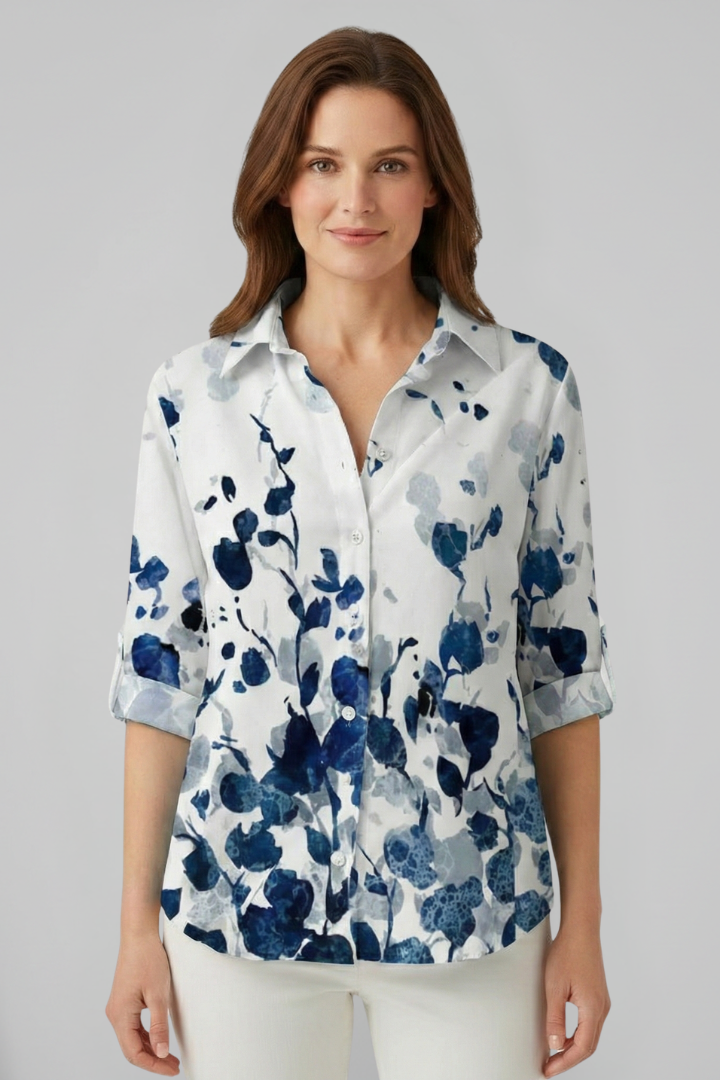 Women's Boho Mandala Print Button-Front Blouse in Cobalt Blue
