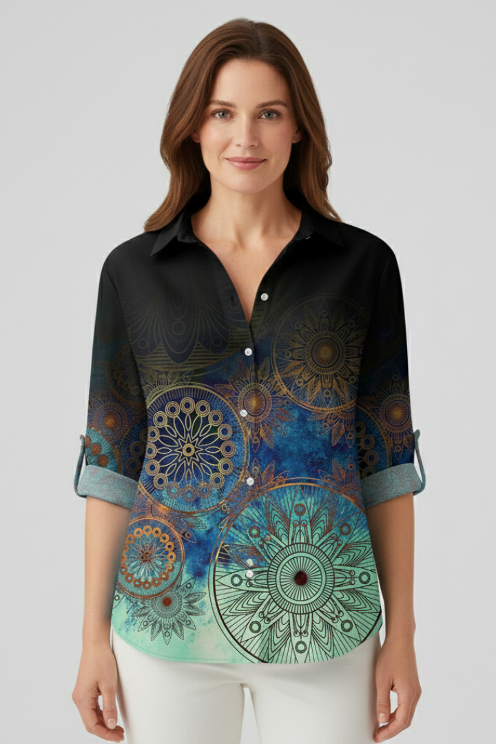 Women's Boho Print Blouse, Mandala Button Front Summer Beach Top