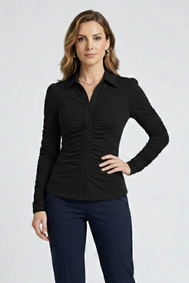 Women's Button Down Shirt, Ruched Front Long Sleeve Work Office Blouse