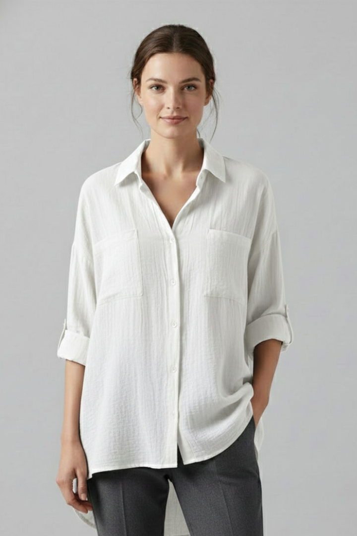 Women's Long Sleeve Button-Up Shirt with Curved Back Hem in White