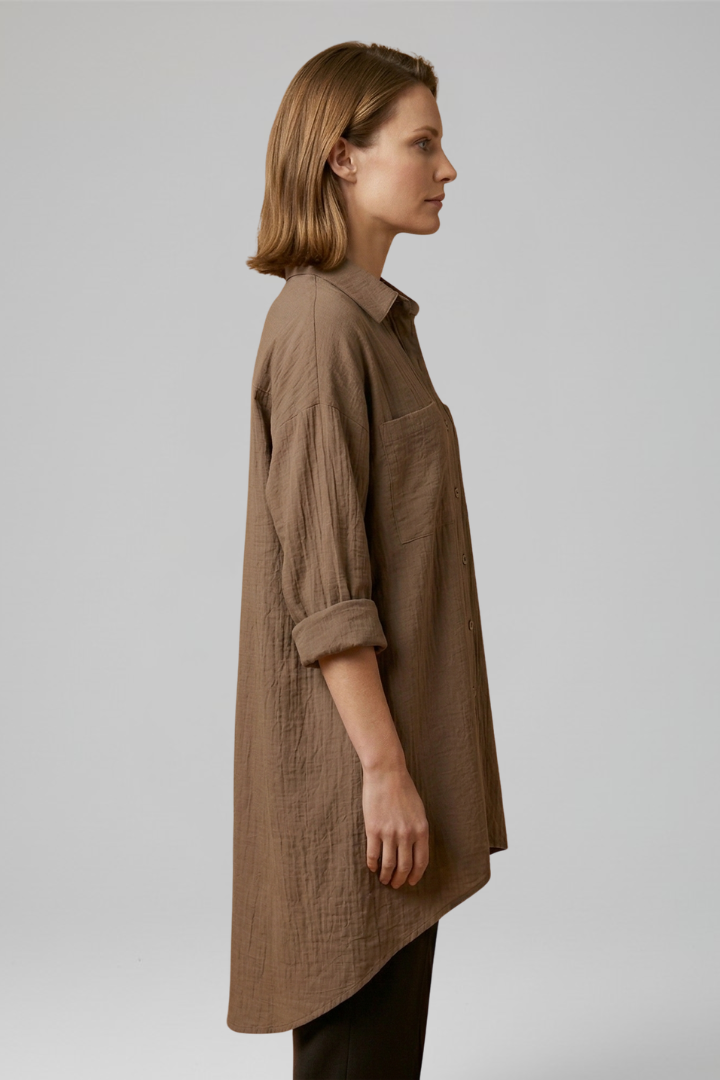 Women's Long Sleeve Button-Up Shirt with Curved Back Hem, view 4