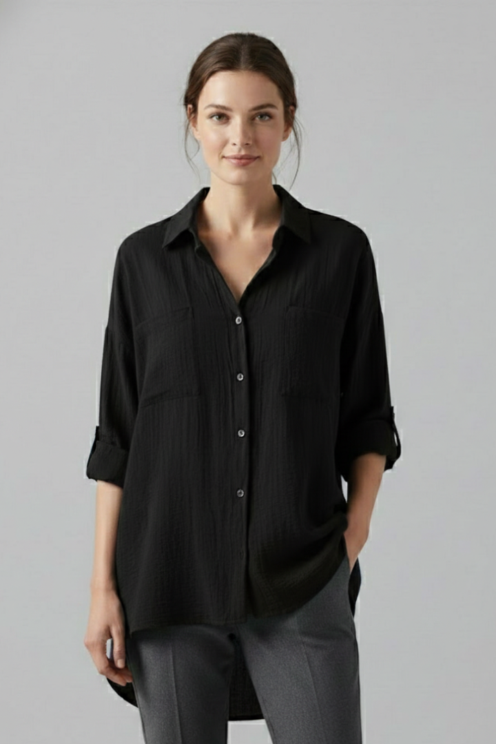 Women's Long Sleeve Button-Up Shirt with Curved Back Hem in Black