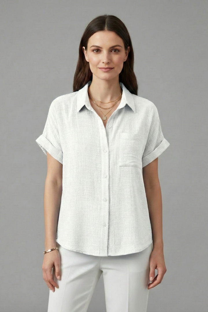 Women's Short Sleeve Collared Blouse with Chest Pocket in White